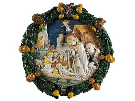 Bedeutendes Renaissance-Majolika-Tondo mit der Geburt Christi